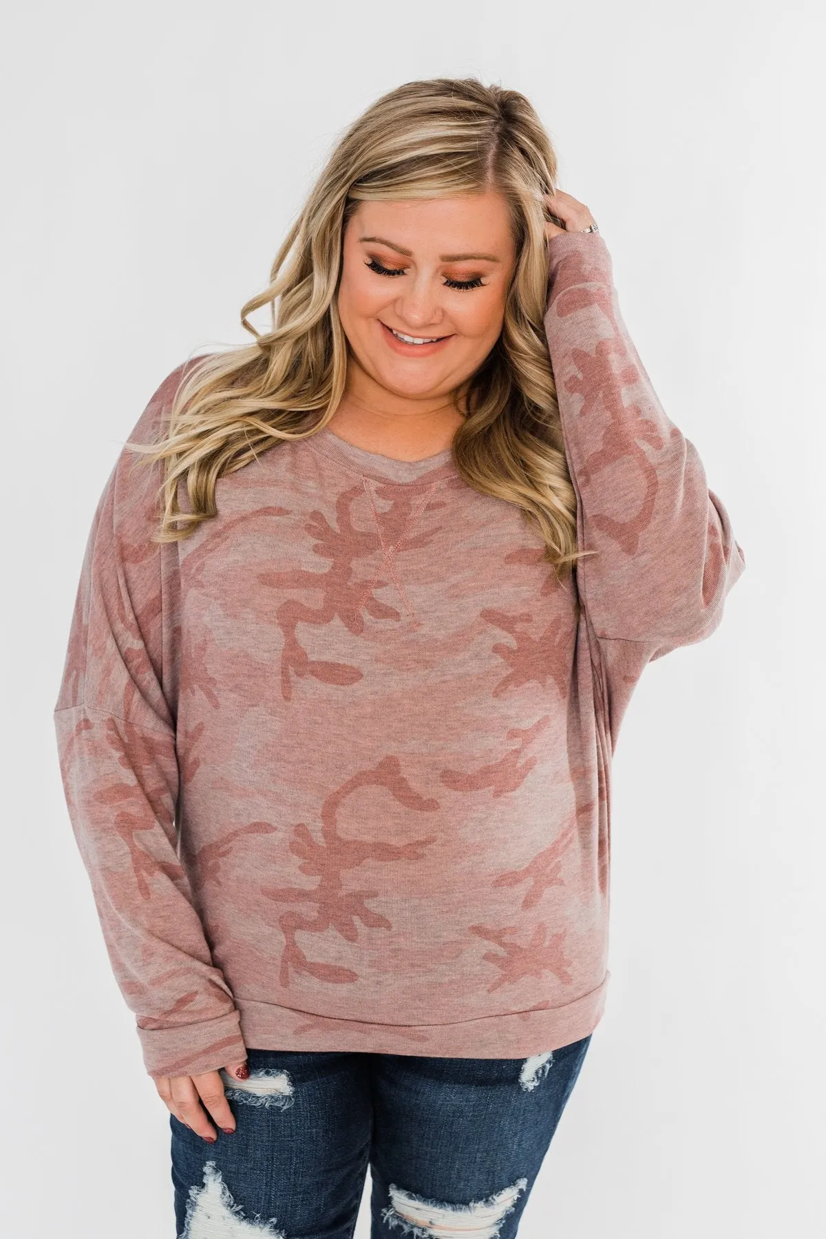 Camo Crew Neck Top- Pink & Grey
