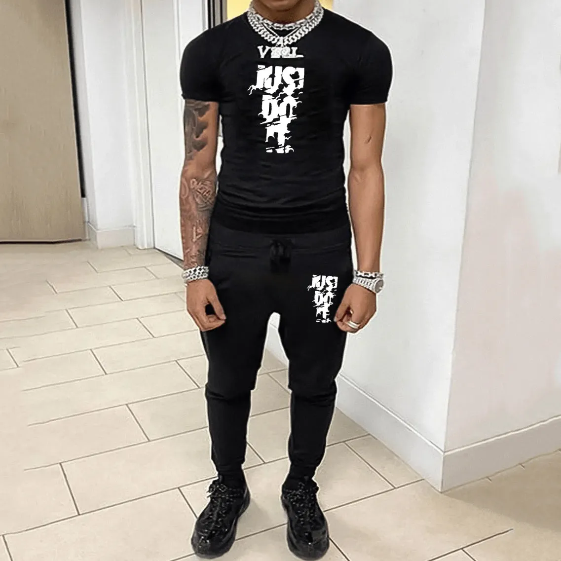 Casual Print T-Shirt & Trousers Two-Piece Set