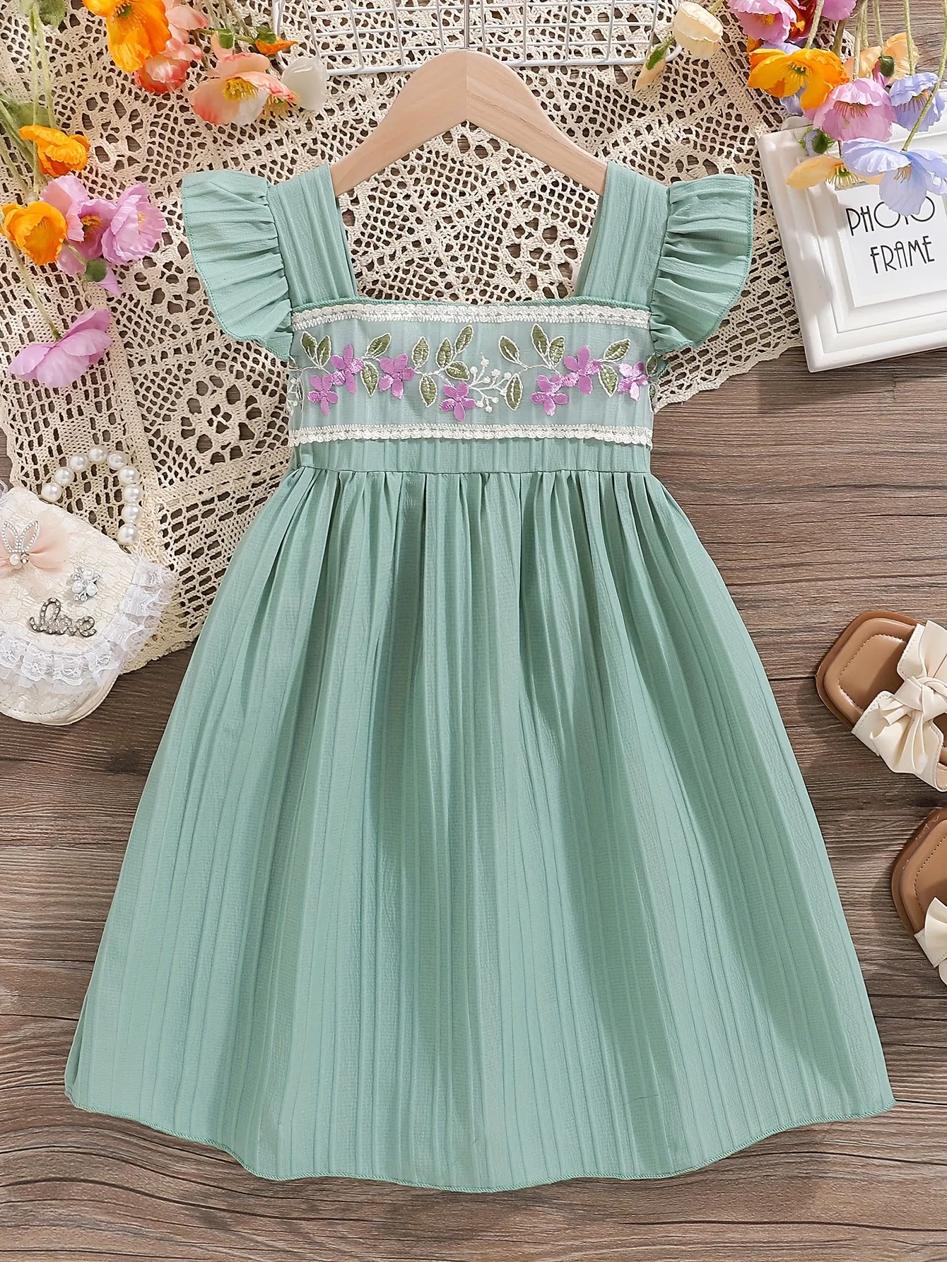 Charming Young Girls Dress - Intricately Embroidered Floral Ruffles, Flutter Sleeves, Summer Chic Style, Graceful Ladylike Design
