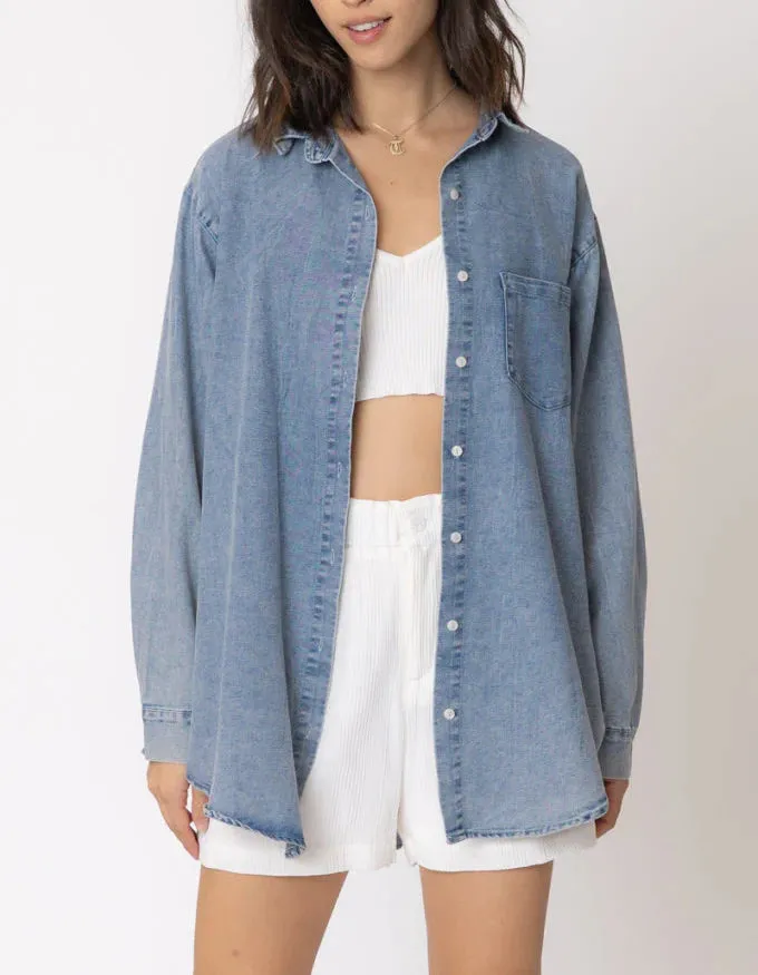 Clear Skies Long Sleeve Denim Button Down Shirt Long Sleeve
