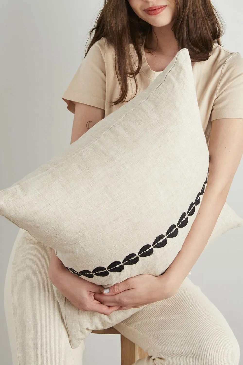 Cowrie Embroidered Linen Pillow - Natural