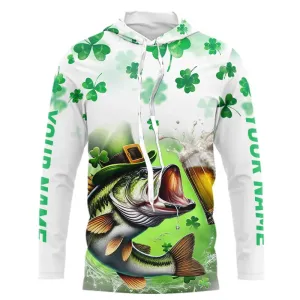 Custom St Patrick's Day Shamprock Largemouth Bass Long Sleeve Hooded Tournament Fishing Shirts IPHW8387