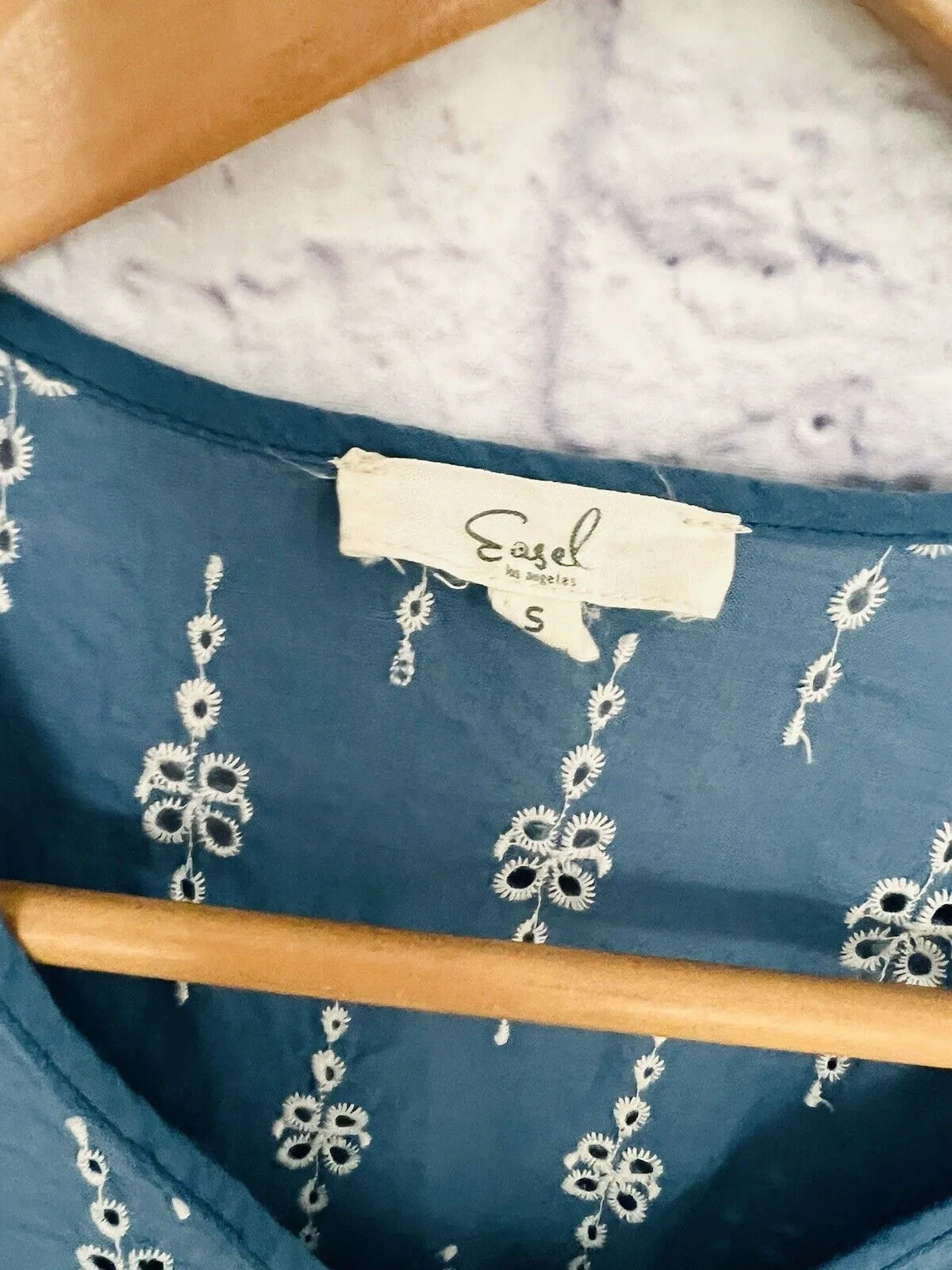 EASEL  Blue Eyelet Baby Doll Top Sz L Embroidered Balloon Elastic Sleeves Boho