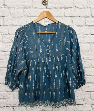 EASEL  Blue Eyelet Baby Doll Top Sz L Embroidered Balloon Elastic Sleeves Boho