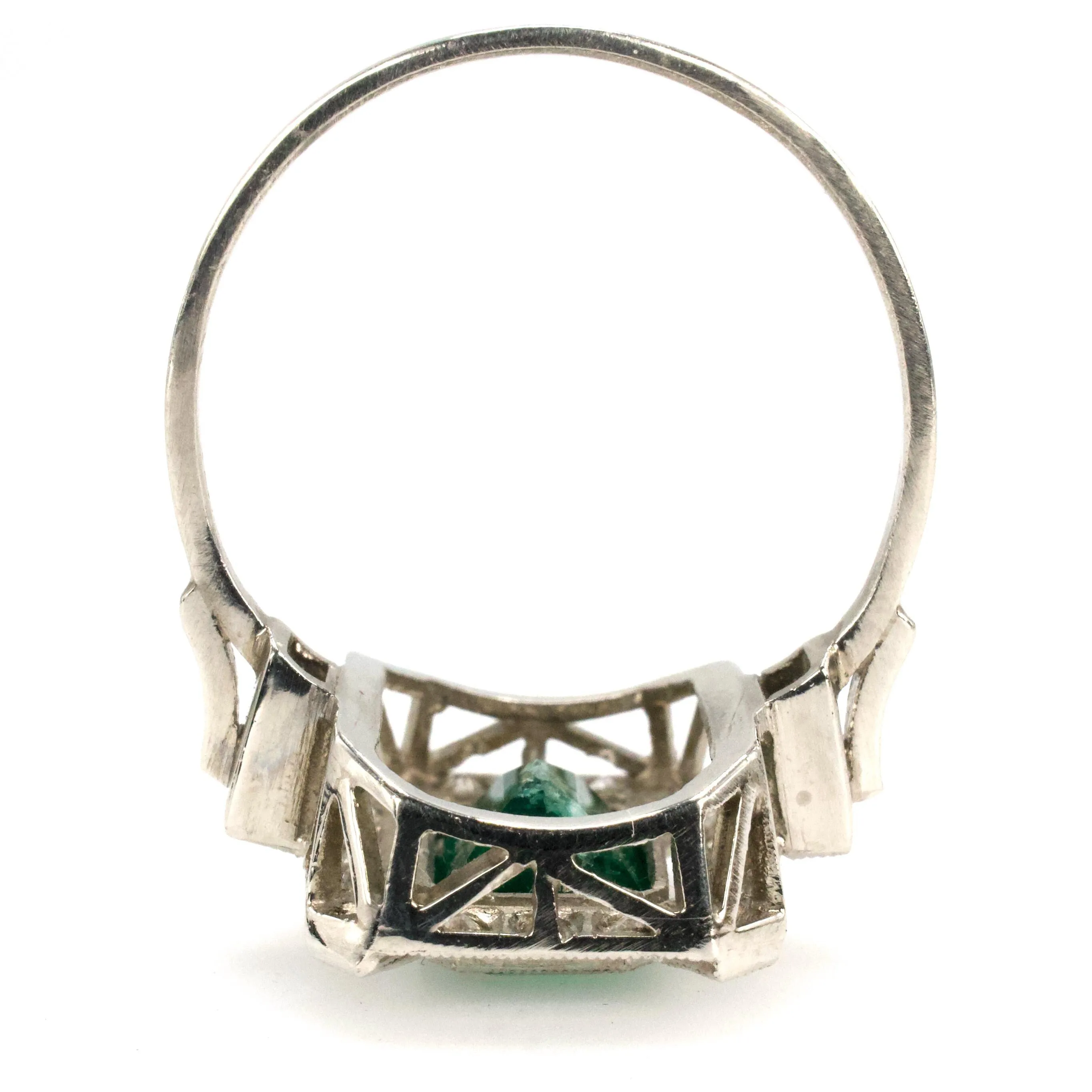 Estate 1.40 Carat Emerald Cut Emerald in Art Deco Style White Gold Setting with Diamond Halo