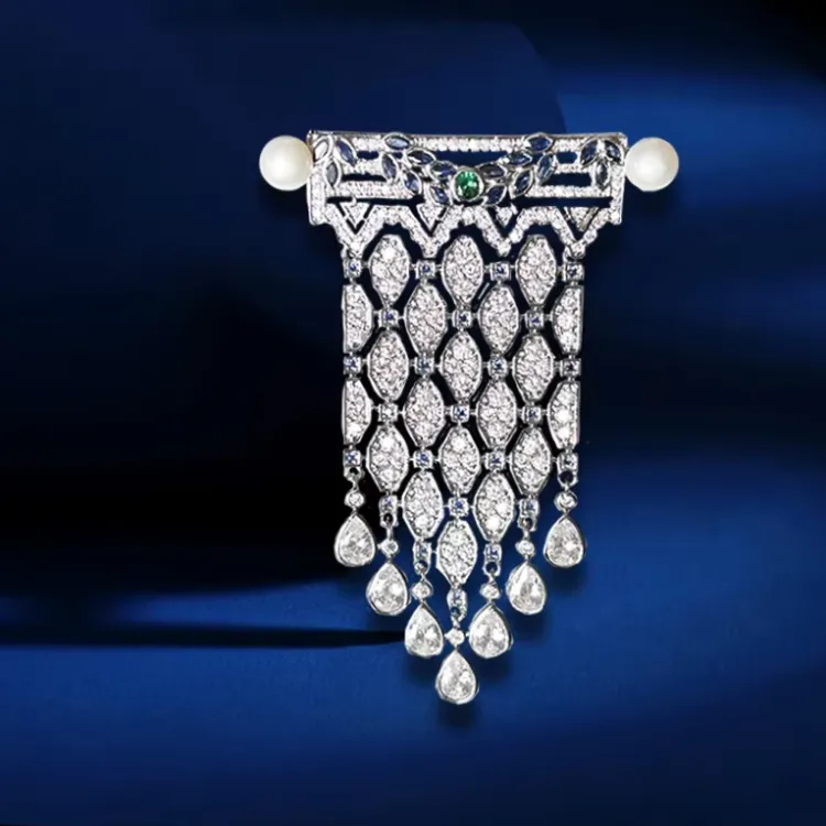 Exquisite Zircon Tassel Brooch with Freshwater Pearl – Art Deco Lapel Pin