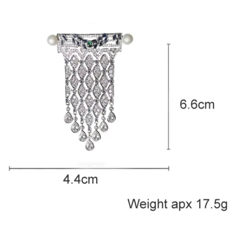 Exquisite Zircon Tassel Brooch with Freshwater Pearl – Art Deco Lapel Pin