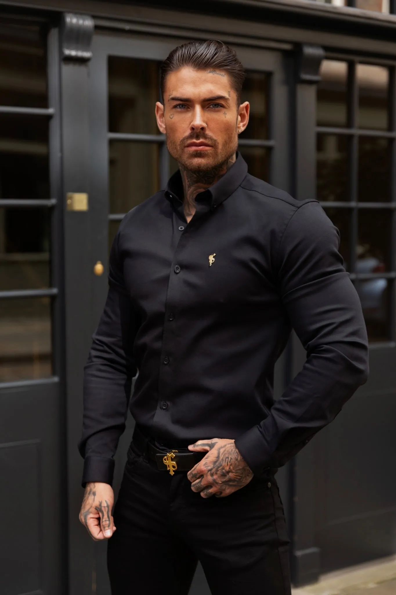 Father Sons Super Slim Stretch Black Denim Long Sleeve with Gold Metal Decal and Button Down Collar - FS1040