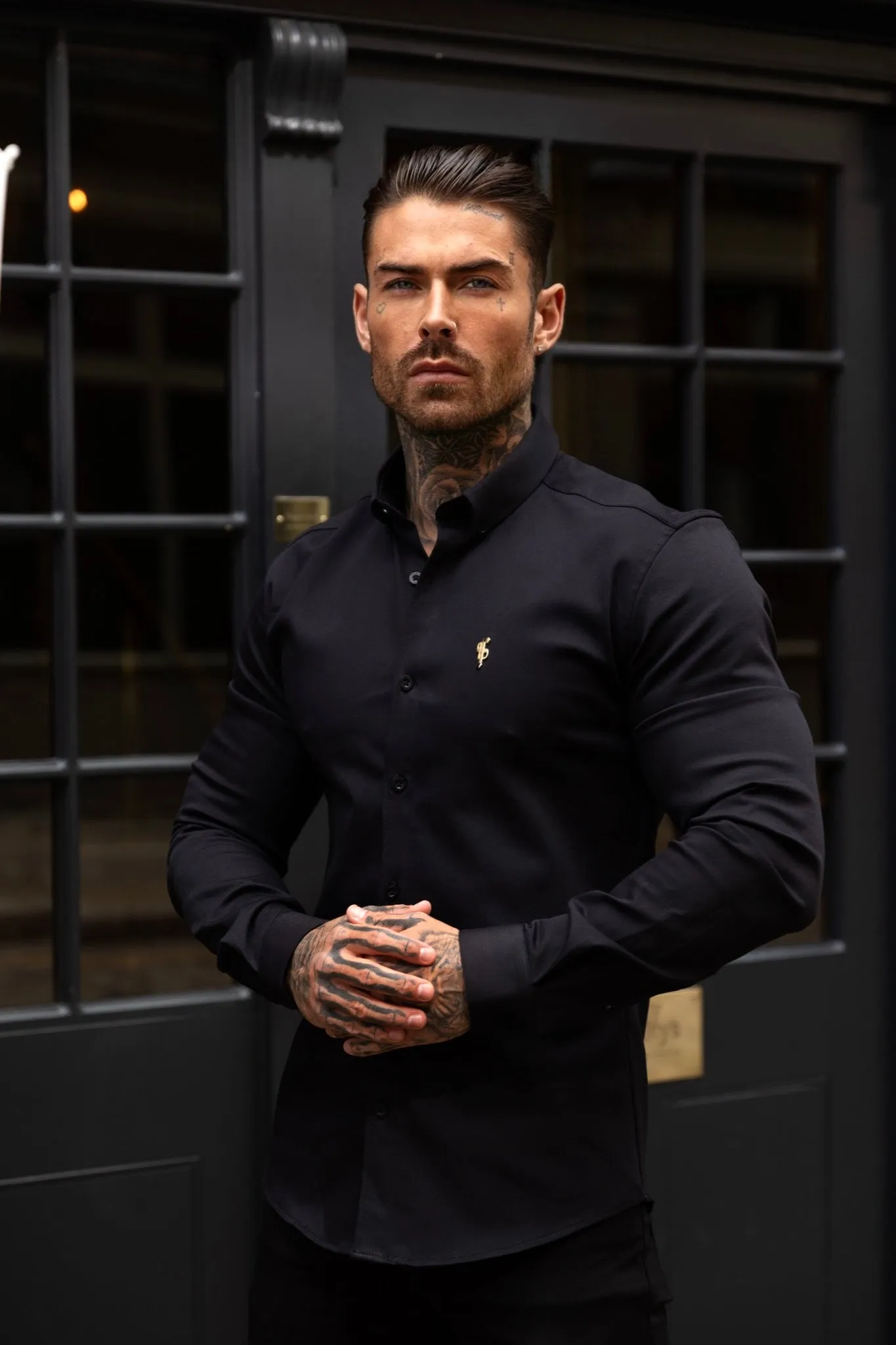 Father Sons Super Slim Stretch Black Denim Long Sleeve with Gold Metal Decal and Button Down Collar - FS1040