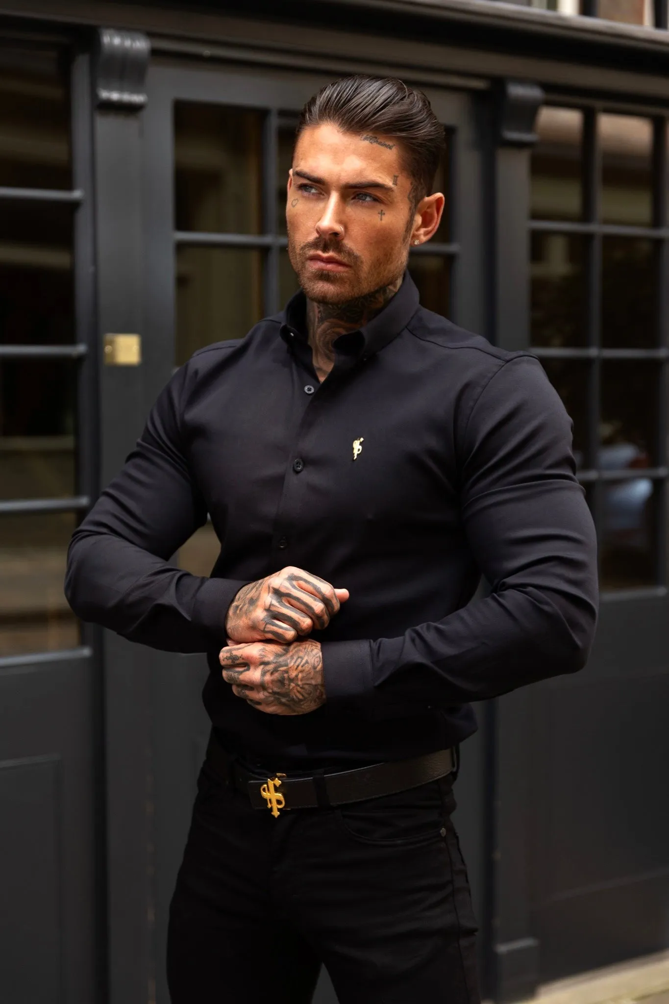 Father Sons Super Slim Stretch Black Denim Long Sleeve with Gold Metal Decal and Button Down Collar - FS1040