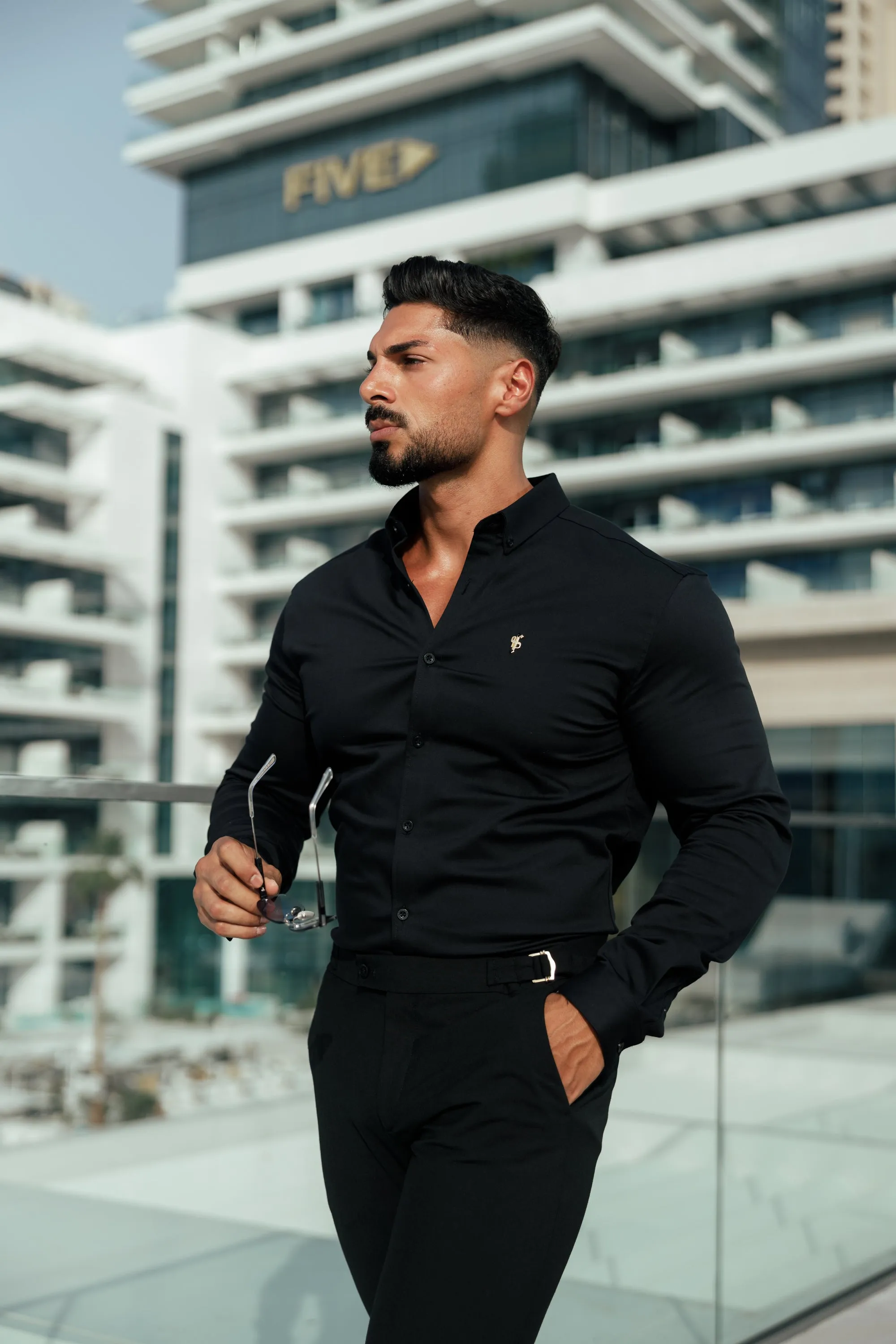 Father Sons Super Slim Stretch Black Denim Long Sleeve with Gold Metal Decal and Button Down Collar - FS1040