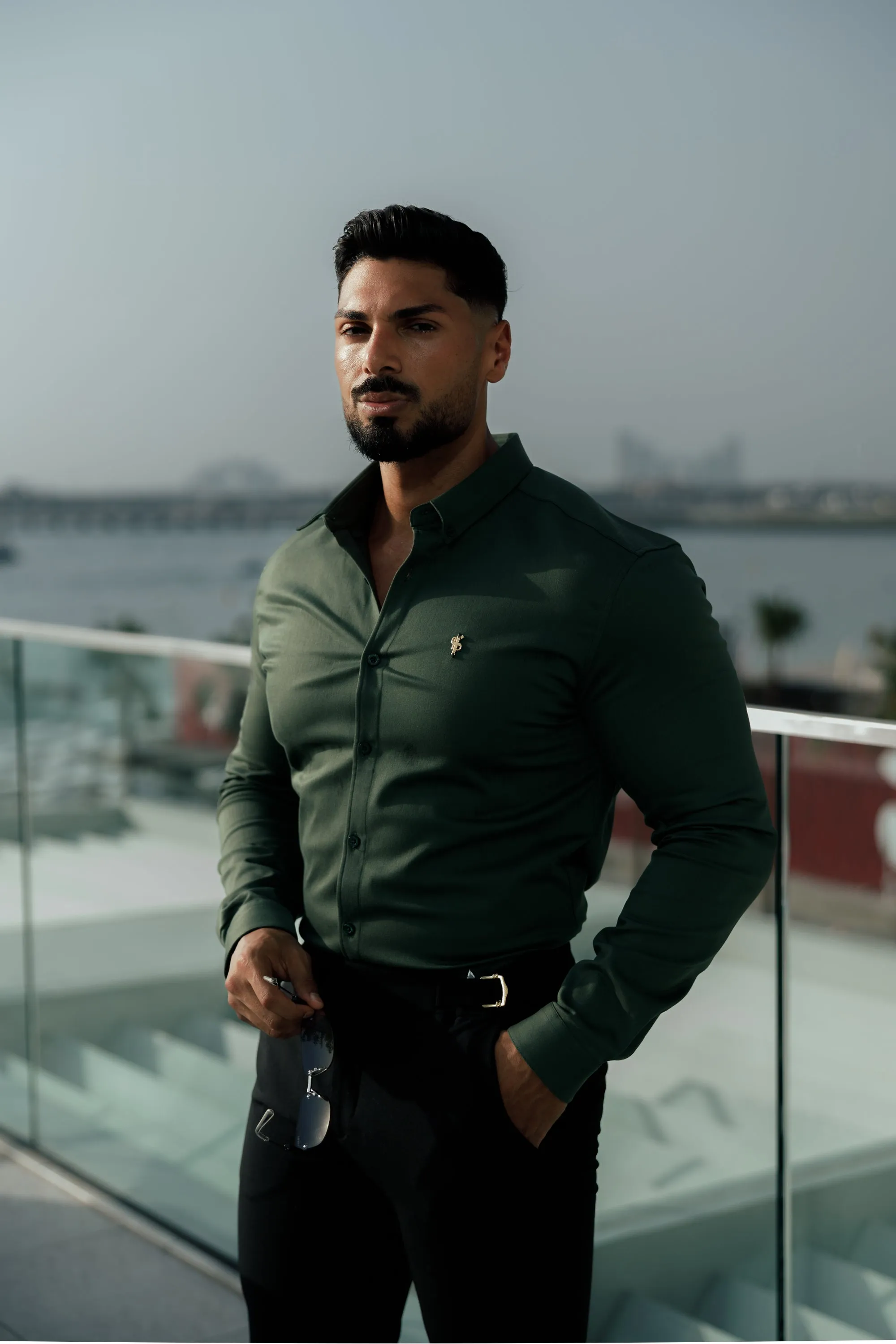 Father Sons Super Slim Stretch Khaki Denim Long Sleeve with Gold Metal Decal and Button Down Collar - FS1044
