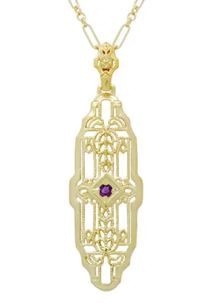 Filigree Lozenge Art Deco Amethyst Necklace in Yellow Gold Vermeil Over Sterling Silver