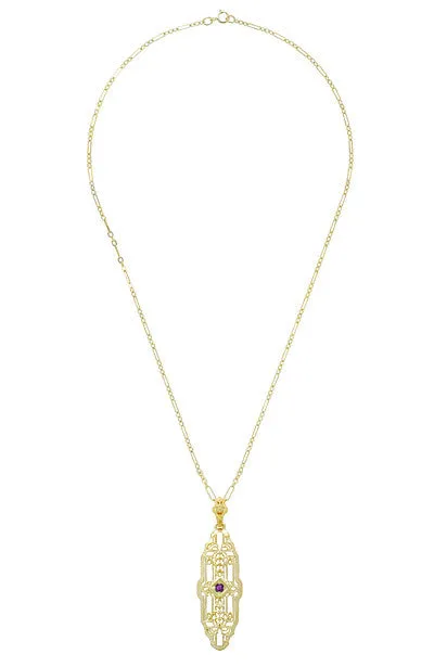 Filigree Lozenge Art Deco Amethyst Necklace in Yellow Gold Vermeil Over Sterling Silver