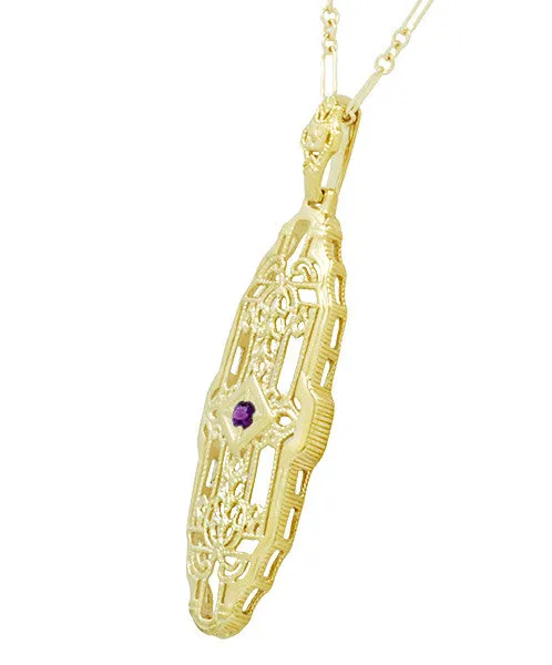 Filigree Lozenge Art Deco Amethyst Necklace in Yellow Gold Vermeil Over Sterling Silver