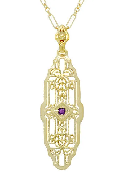 Filigree Lozenge Art Deco Amethyst Necklace in Yellow Gold Vermeil Over Sterling Silver