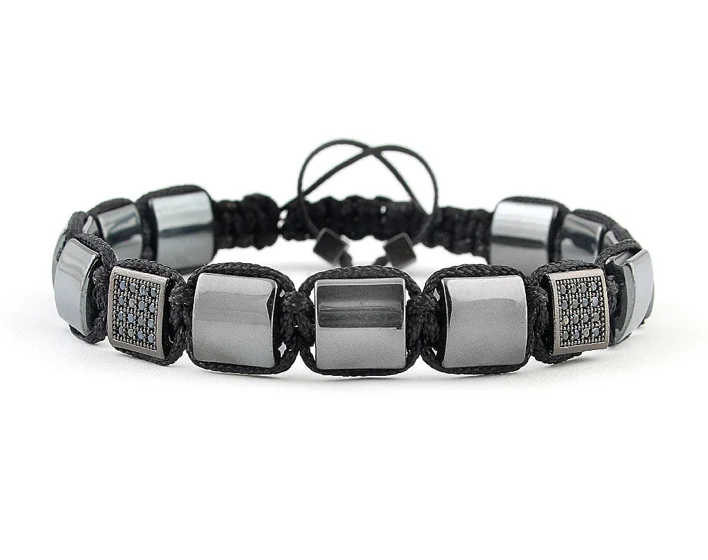 Flatbead Men's macrame bracelet with shiny hematite and CZ beads