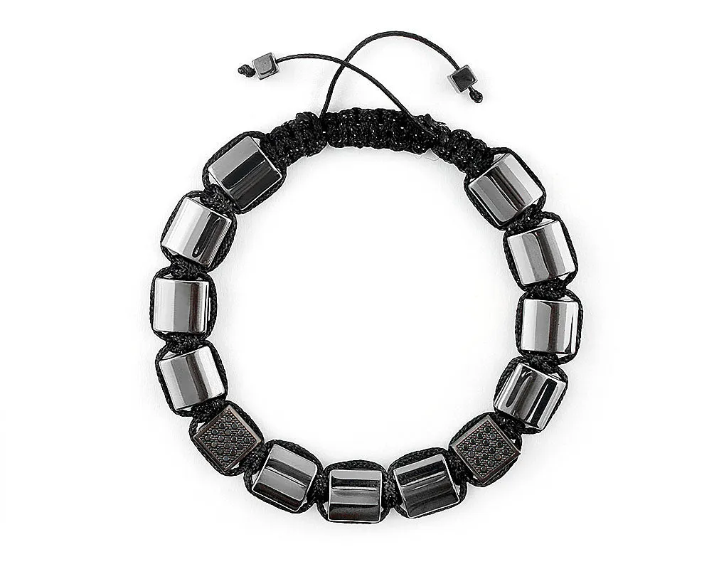 Flatbead Men's macrame bracelet with shiny hematite and CZ beads