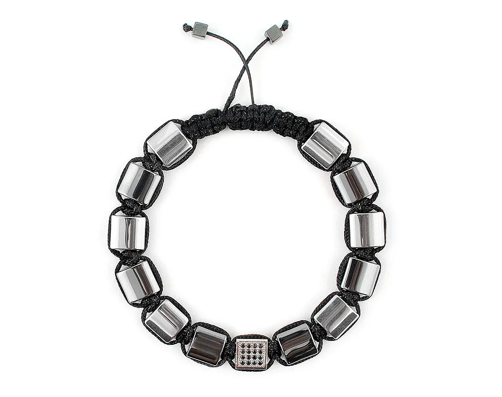Flatbead Men's macrame bracelet with silver hematite and CZ beads