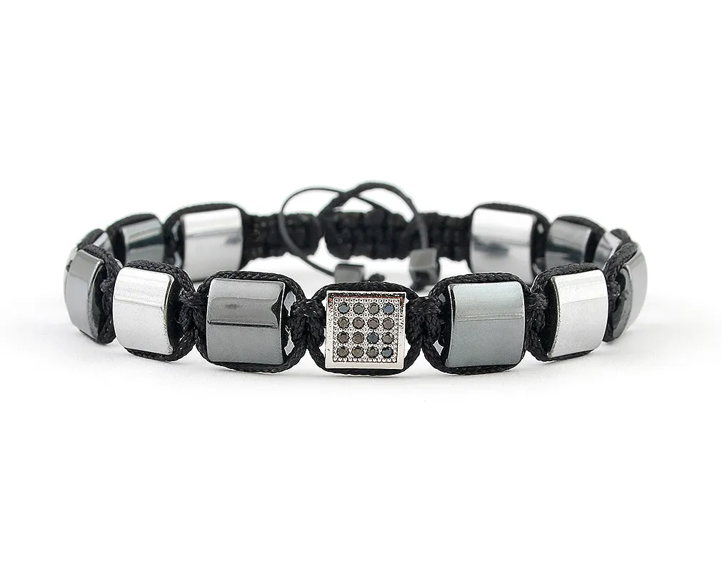 Flatbead Men's macrame bracelet with silver hematite and CZ beads
