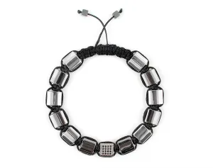 Flatbead Men's macrame bracelet with silver hematite and CZ beads