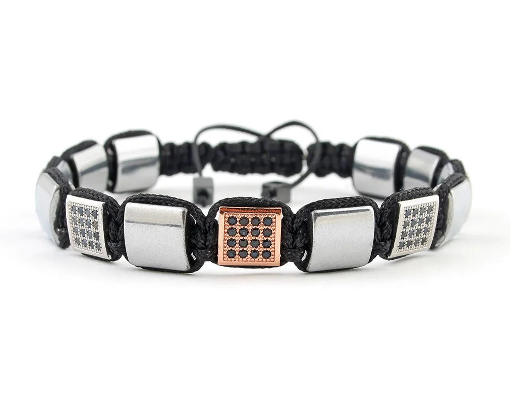 Flatbead Men's macrame bracelet with silver hematite and rose gold CZ beads
