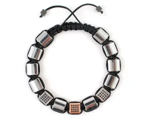 Flatbead Men's macrame bracelet with silver hematite and rose gold CZ beads