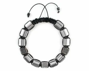 Flatbead Men's macrame bracelet with silver polished hematite and CZ beads