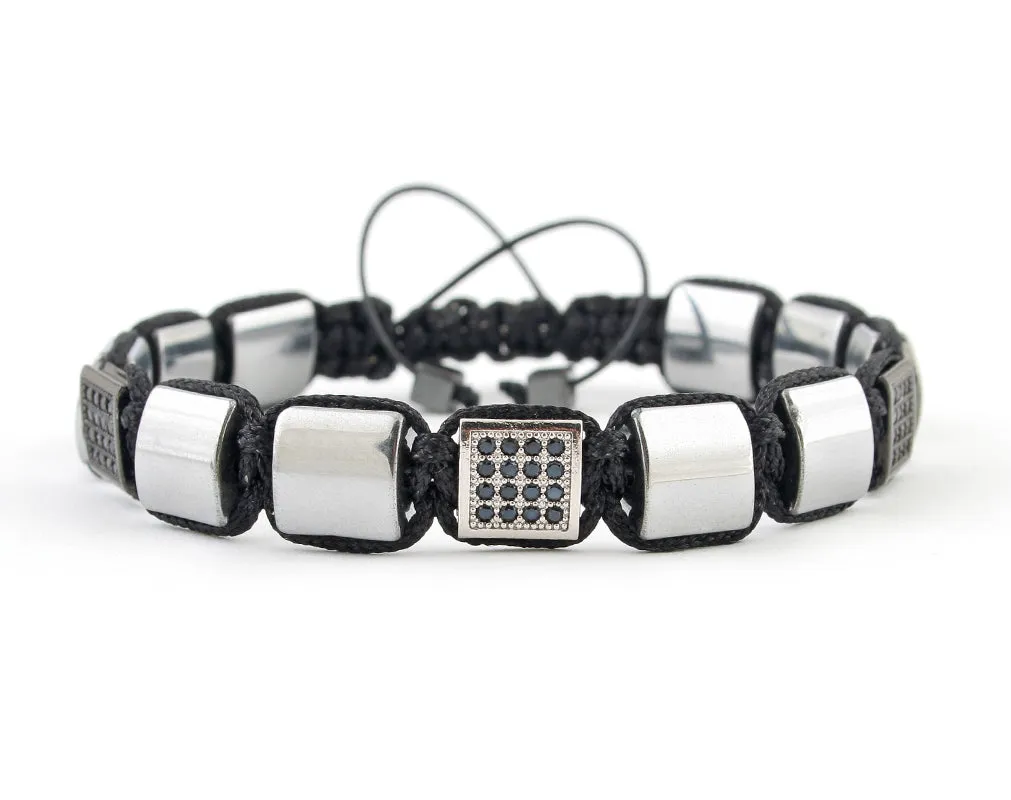 Flatbead Men's macrame bracelet with silver polished hematite and CZ beads
