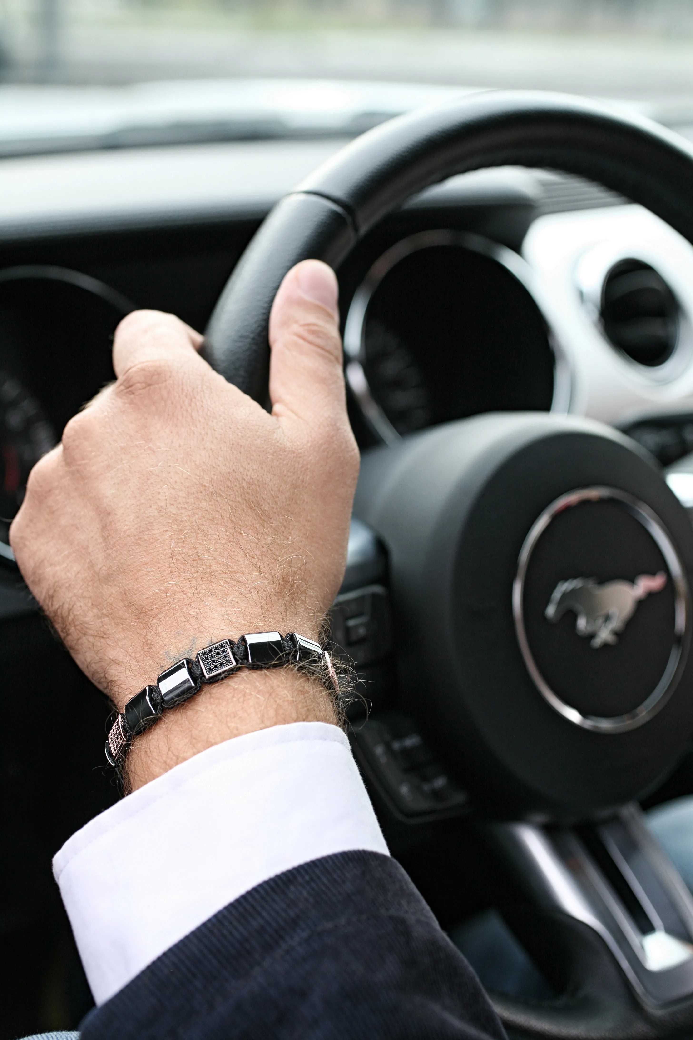 Flatbead Men's macrame bracelet with silver polished hematite and CZ beads
