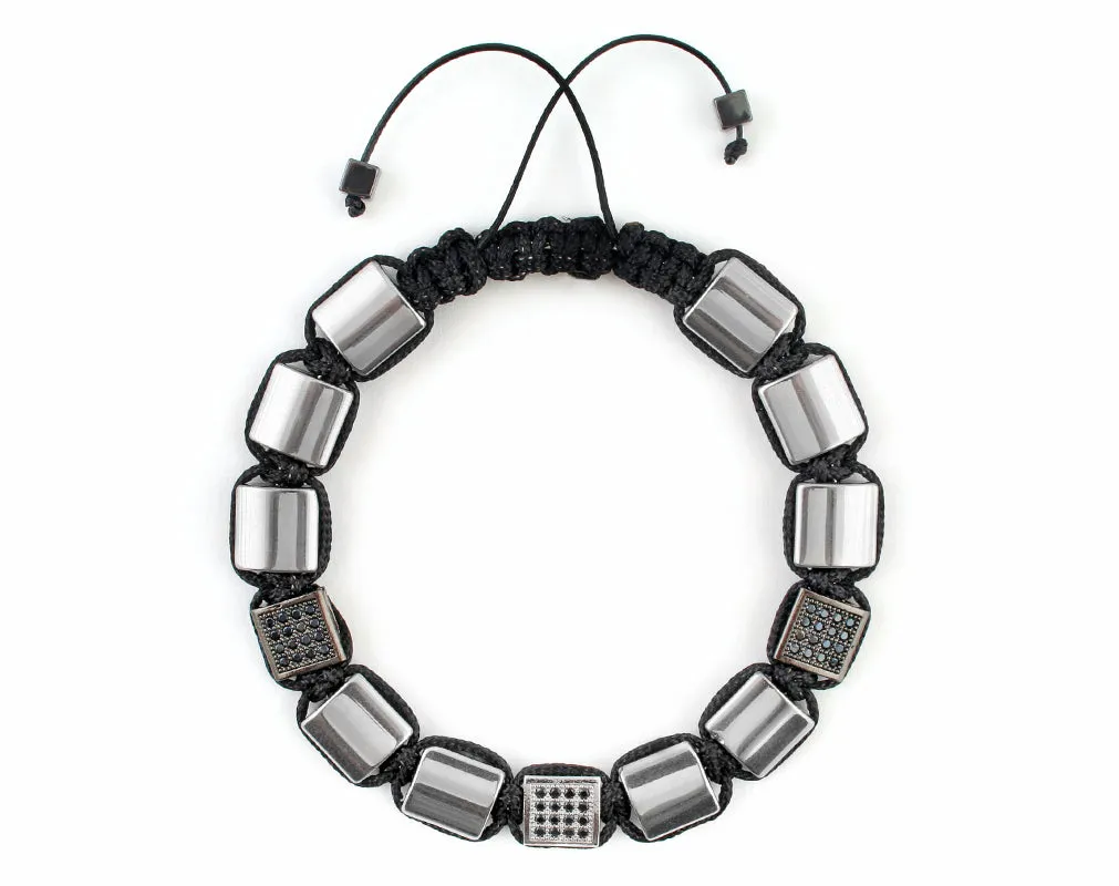 Flatbead Men's macrame bracelet with silver polished hematite and CZ beads