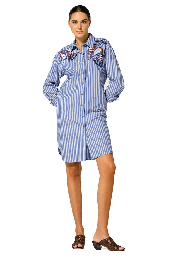 FLORAL EMBROIDERED STRIPED SHIRT DRESS