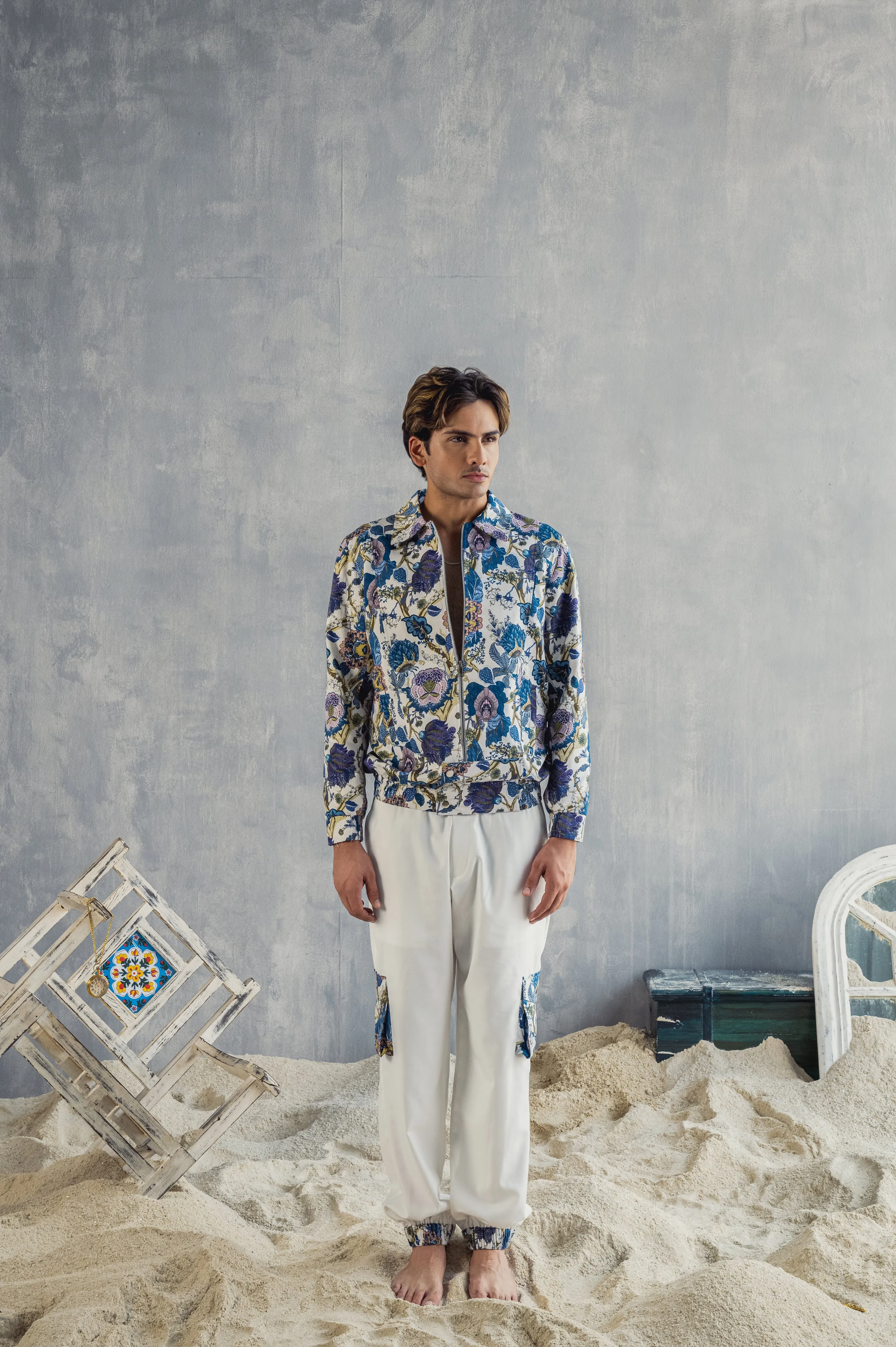Florian - Multi Blue Printed Bomber Jacket With Jogger Set