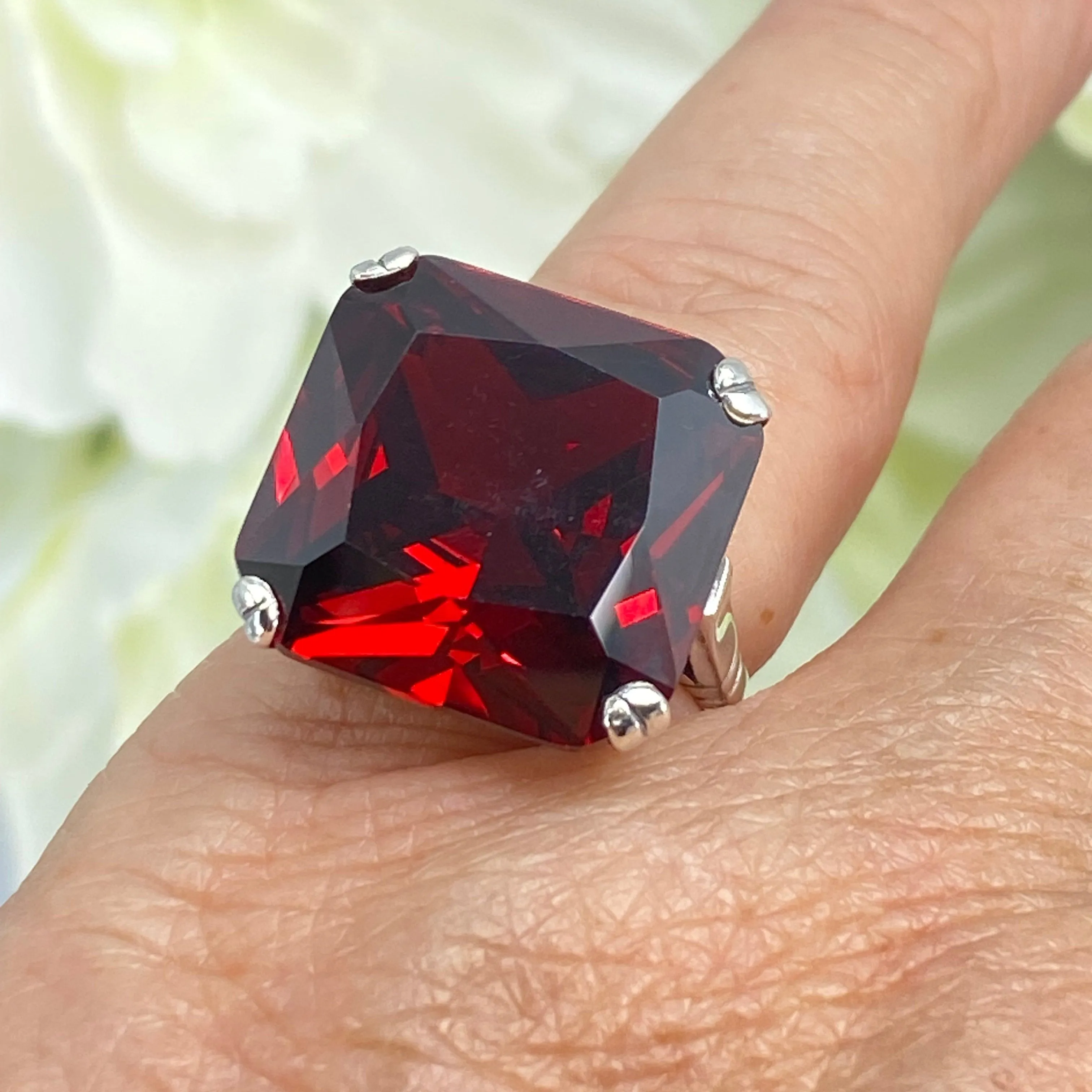 Garnet CZ Ring, Size 6, 20ct Big Huge Square Gem, Vintage Jewelry #D1 - Ready to Ship
