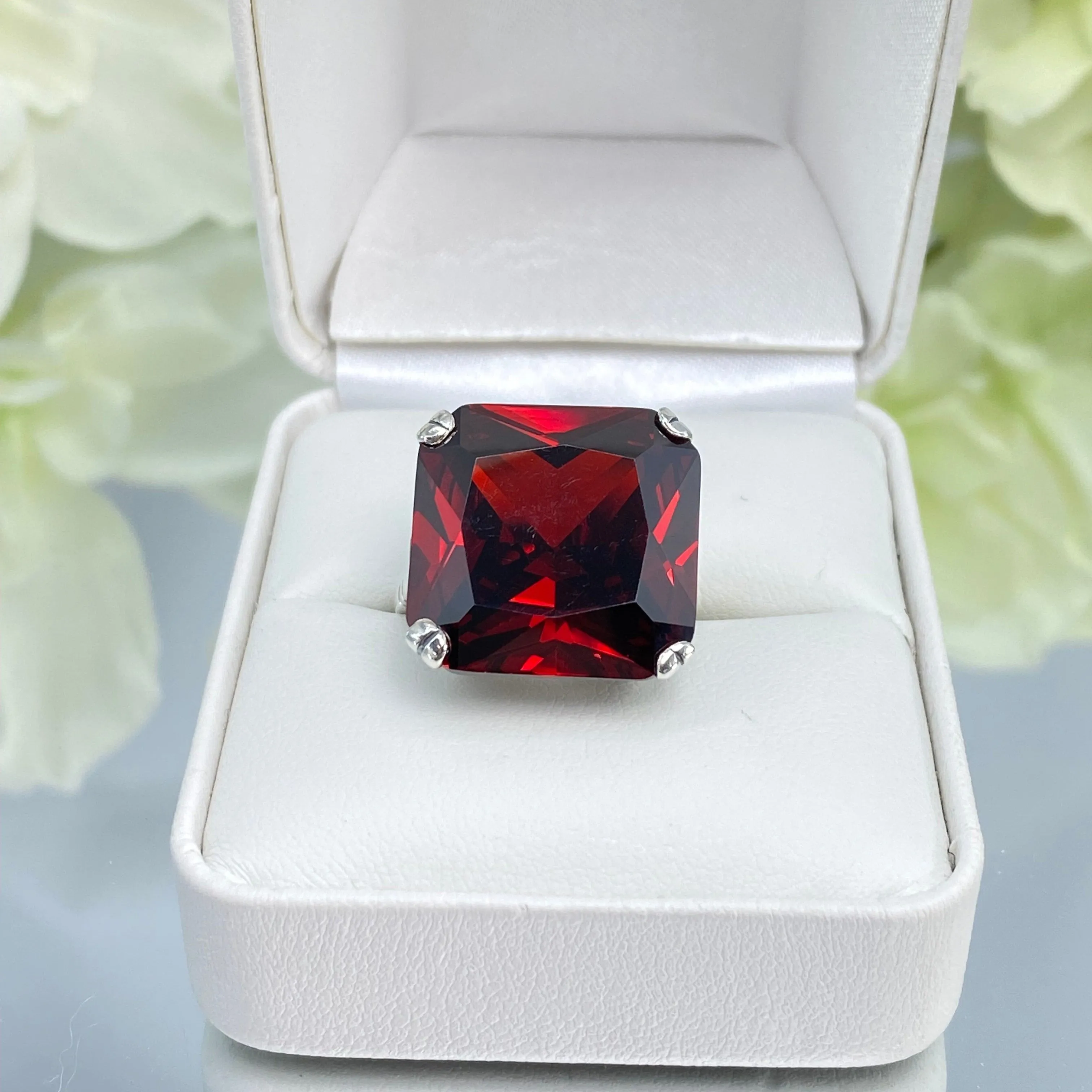 Garnet CZ Ring, Size 6, 20ct Big Huge Square Gem, Vintage Jewelry #D1 - Ready to Ship