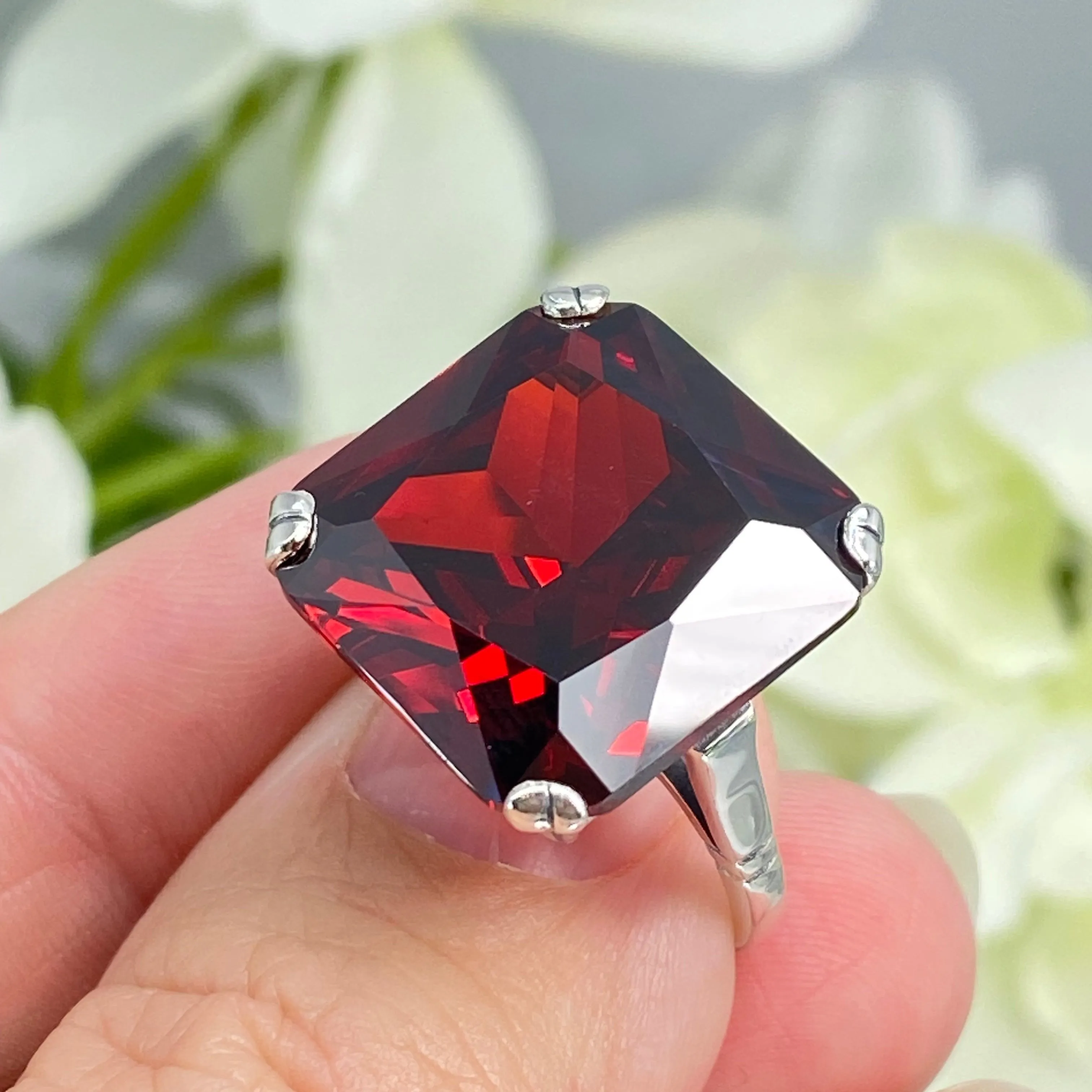 Garnet CZ Ring, Size 6, 20ct Big Huge Square Gem, Vintage Jewelry #D1 - Ready to Ship