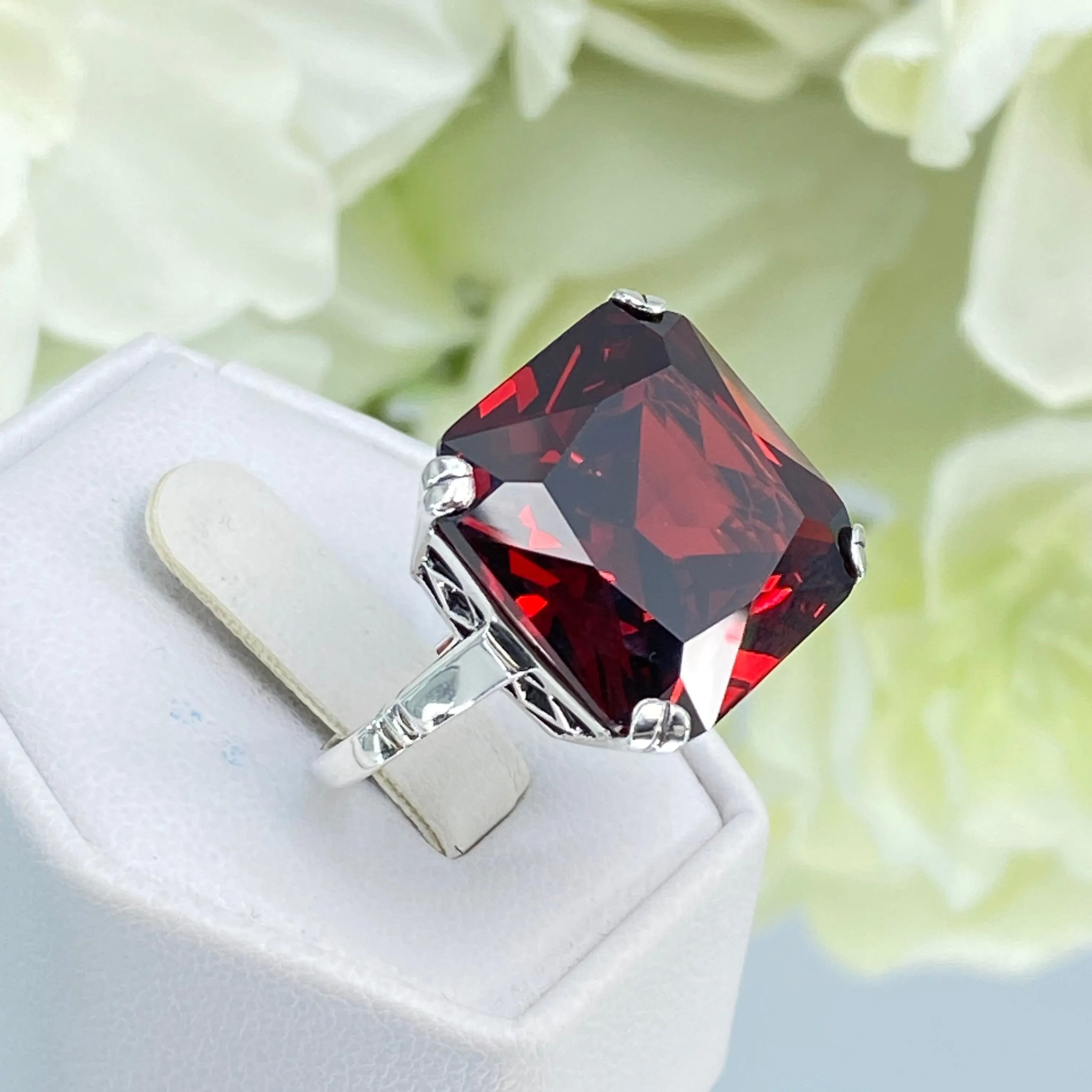 Garnet CZ Ring, Size 6, 20ct Big Huge Square Gem, Vintage Jewelry #D1 - Ready to Ship