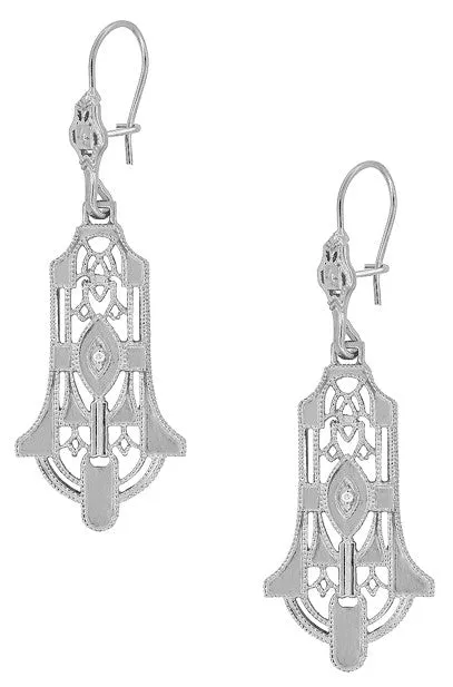 Geometric Diamond Dangling Sterling Silver Filigree Art Deco Earrings