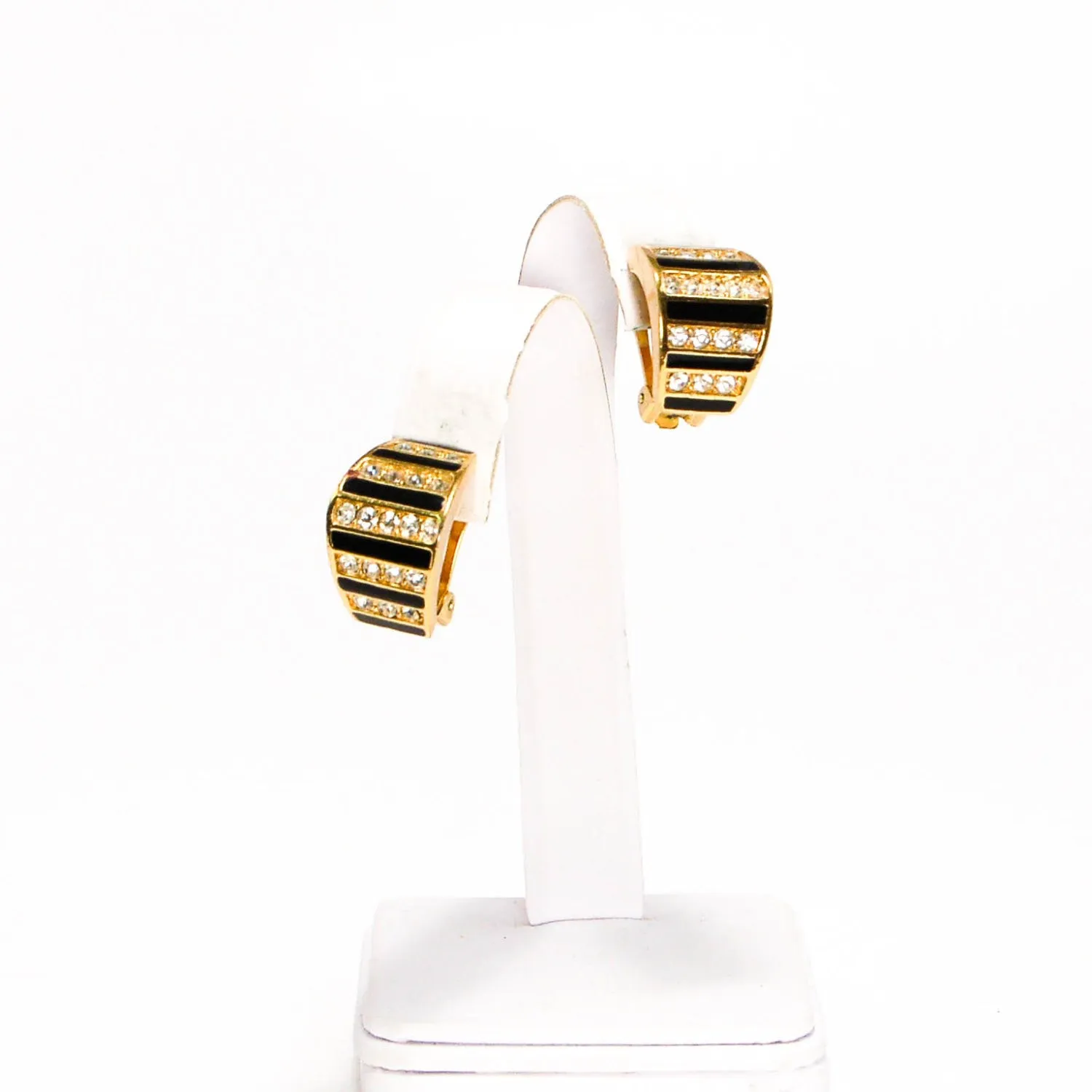 Gold Tone Geometric Earrings with Rhinestones by Christian Dior