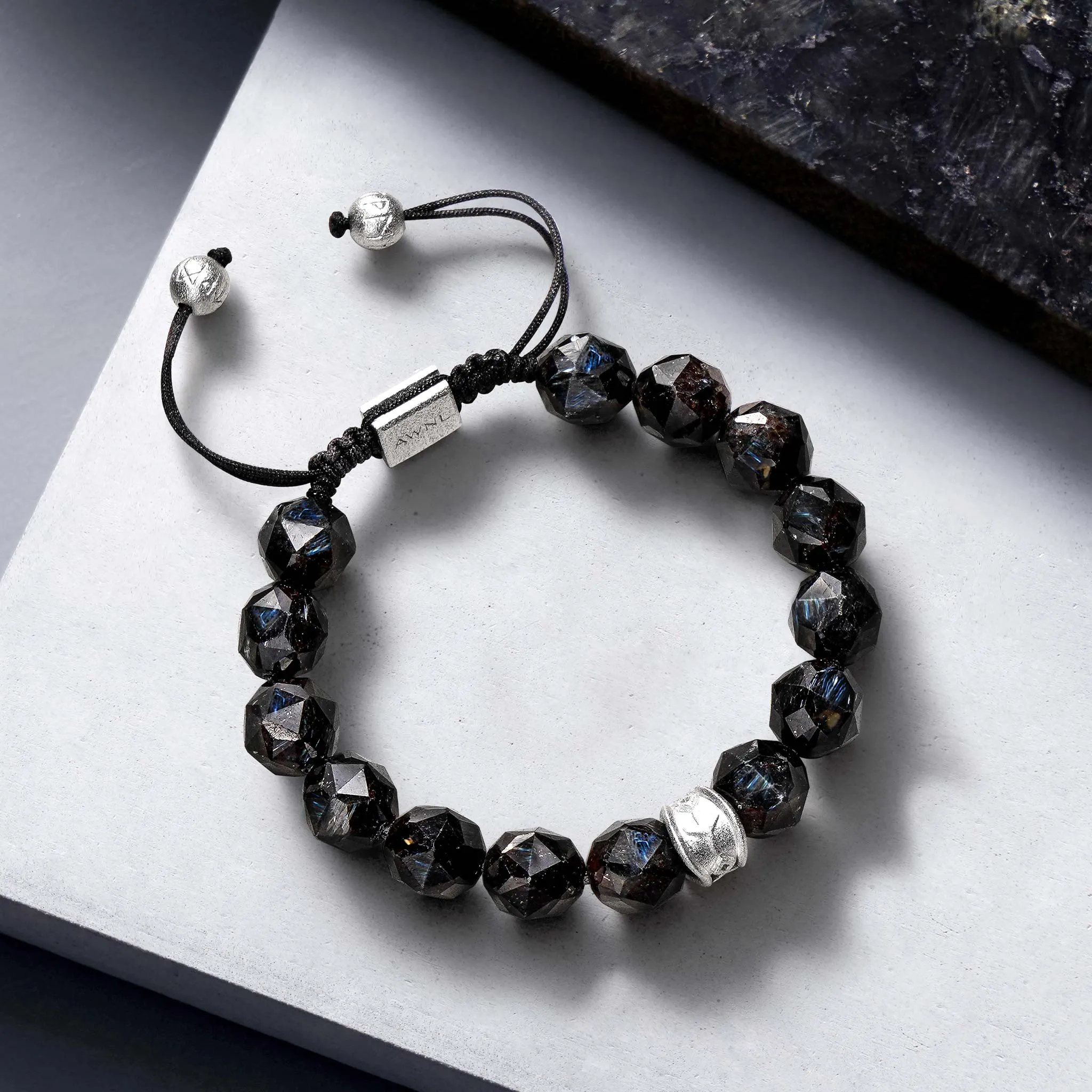 Healing Rune-Engraved Nuummite Macrame Bracelet