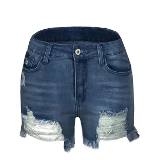 High Waisted Stretchy Fringed Women's Ripped Denim Shorts