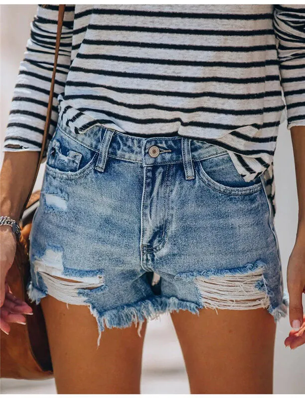 High Waisted Stretchy Fringed Women's Ripped Denim Shorts
