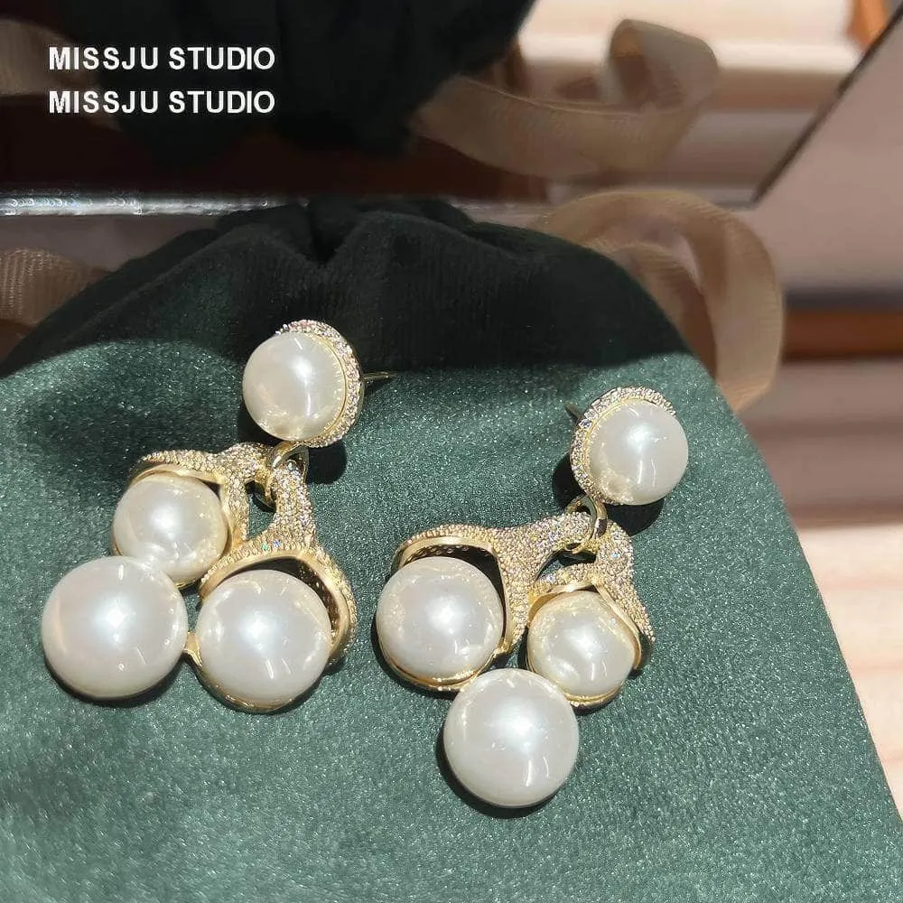 Large Pearl Deco Paved Crystal Statement Earrings