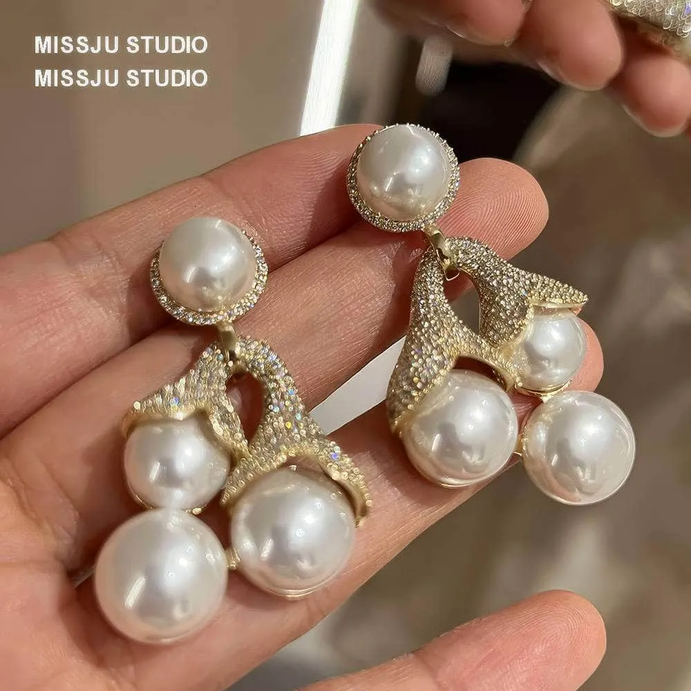Large Pearl Deco Paved Crystal Statement Earrings