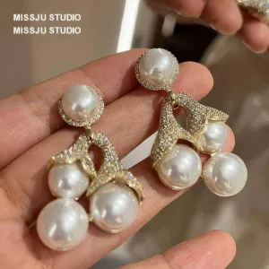 Large Pearl Deco Paved Crystal Statement Earrings