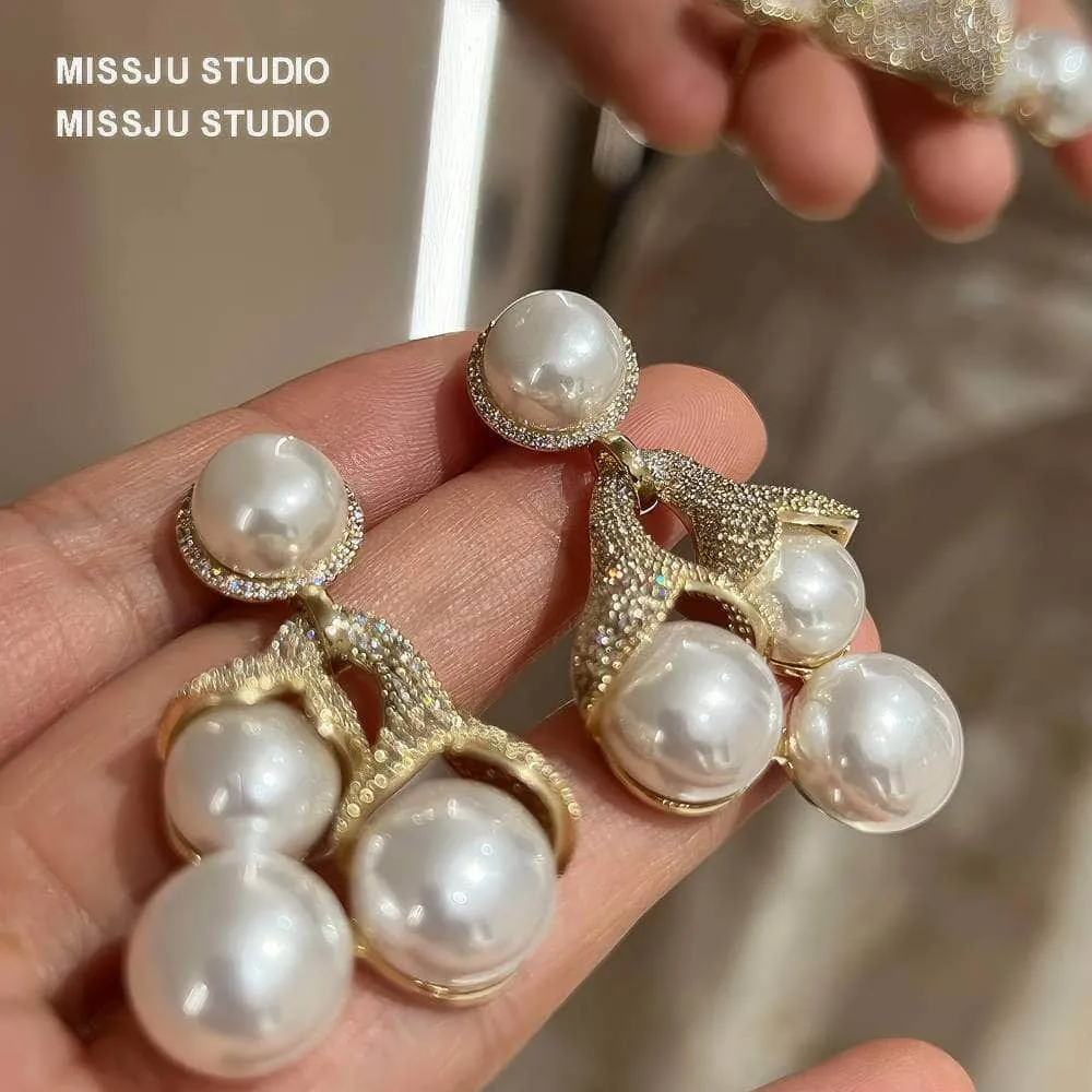 Large Pearl Deco Paved Crystal Statement Earrings