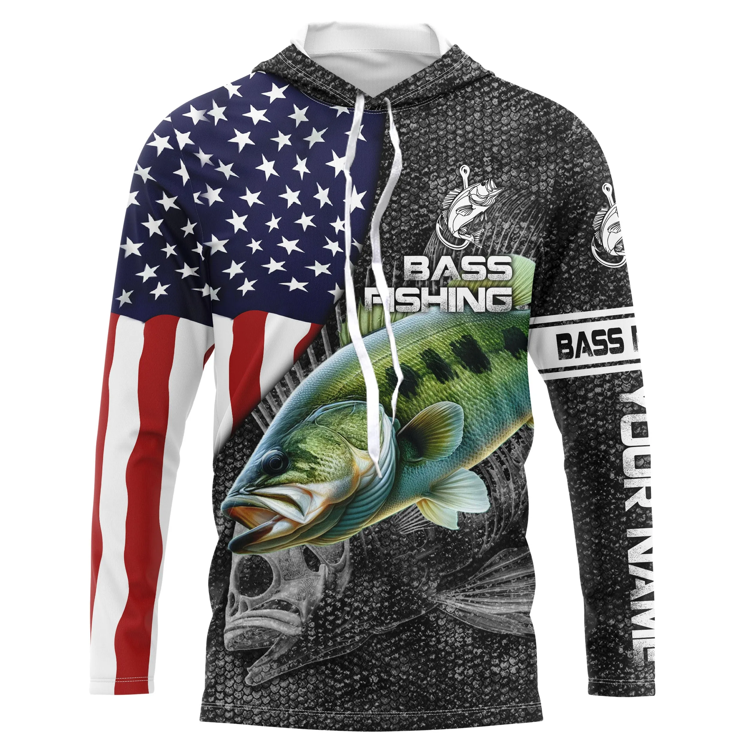 Largemouth Bass fishing American flag patriot Custom name Long sleeve, Long Sleeve Hooded NPQ872