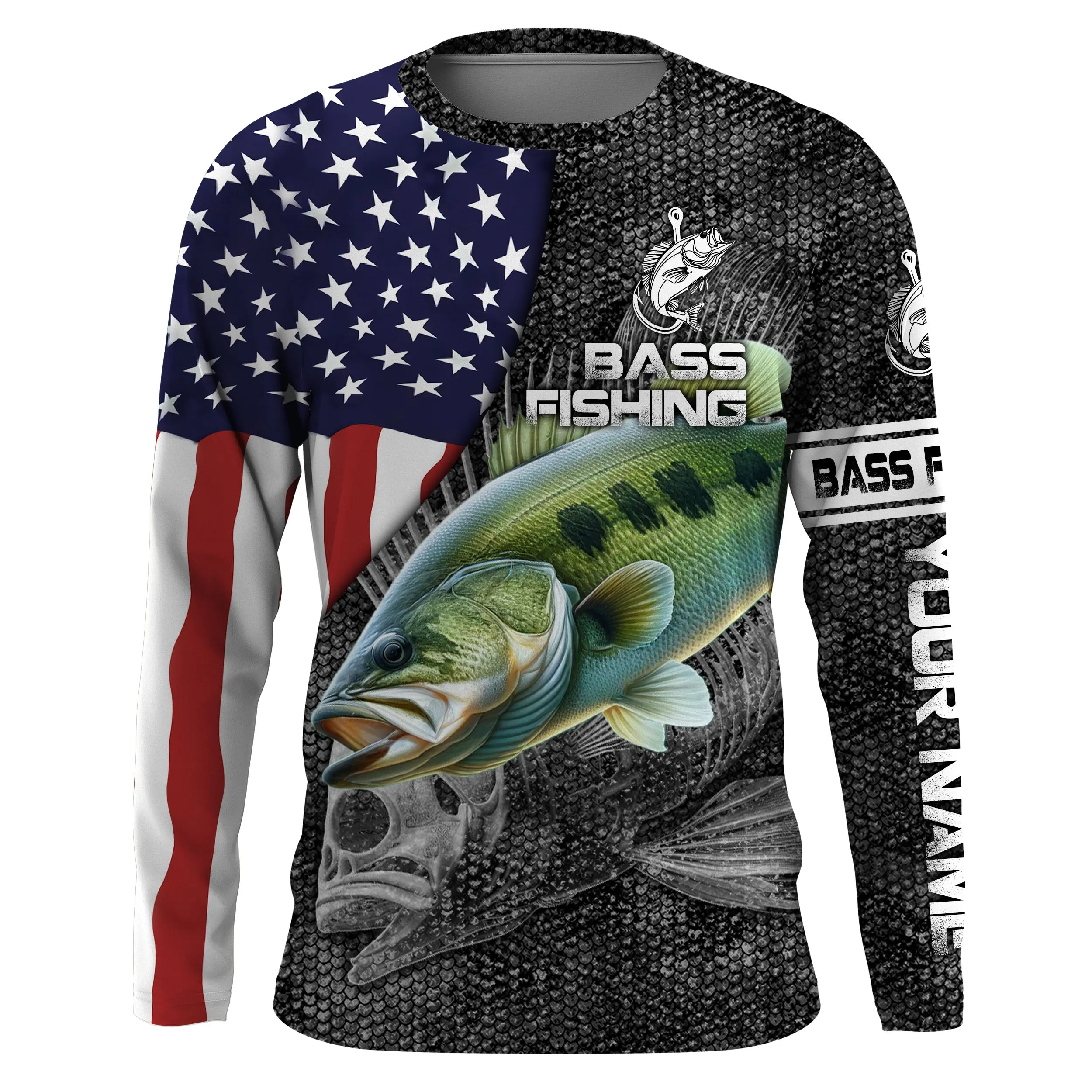 Largemouth Bass fishing American flag patriot Custom name Long sleeve, Long Sleeve Hooded NPQ872