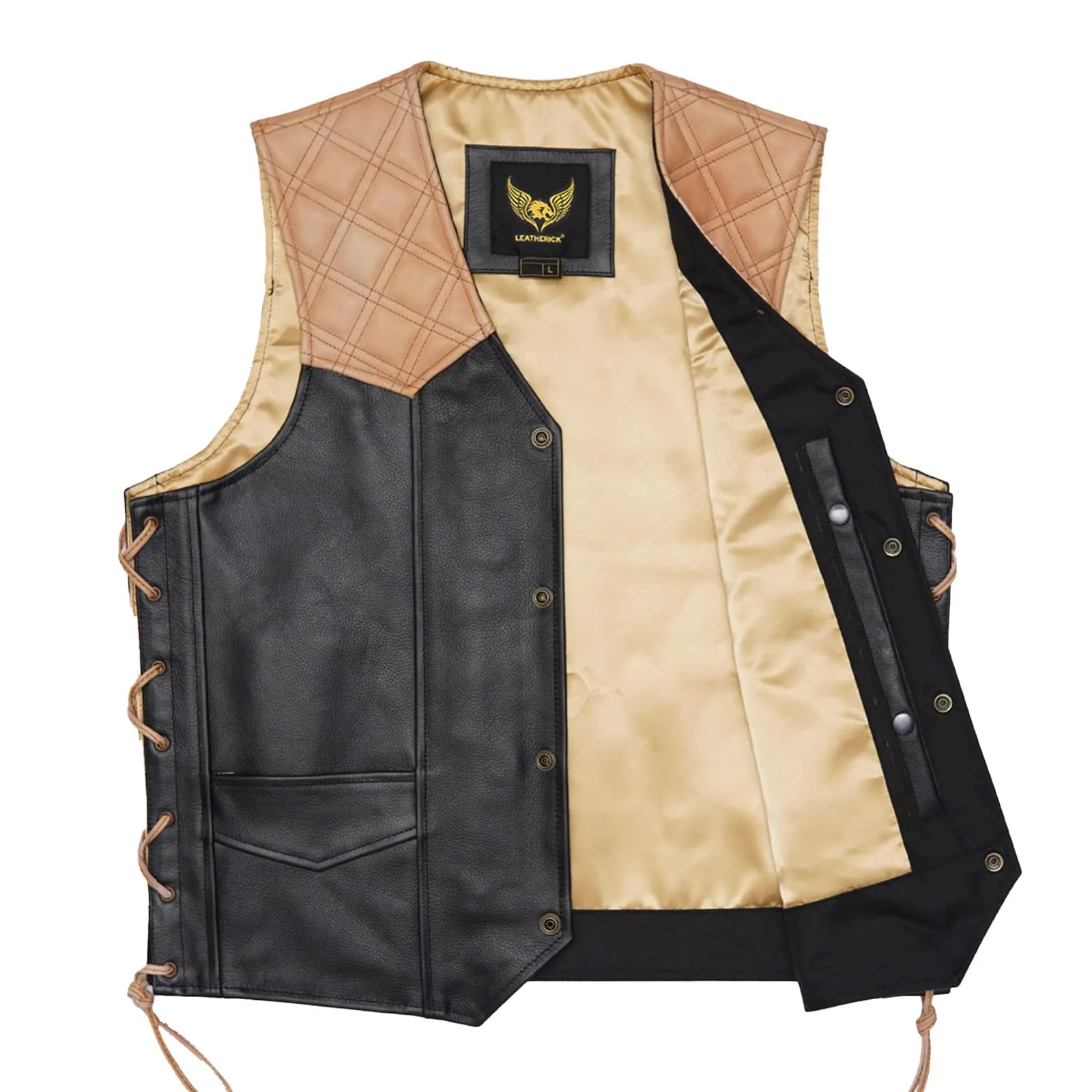 Leatherick Classic Diamond Stitch Biker Vest with Side Laces