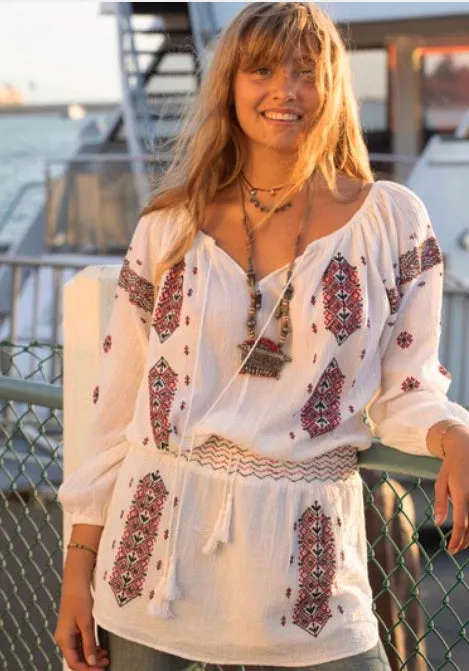 Lisa Embroidered Short  Dress or Tunic Natural/Red